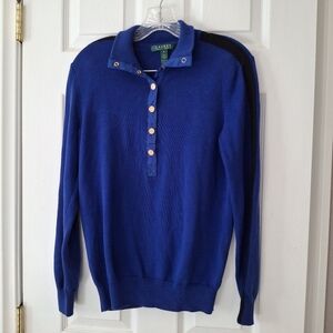 LRL LAUREN Pullover Royal Blue Gold Snap Cotton Sweater Sleeve Stripe Womens M